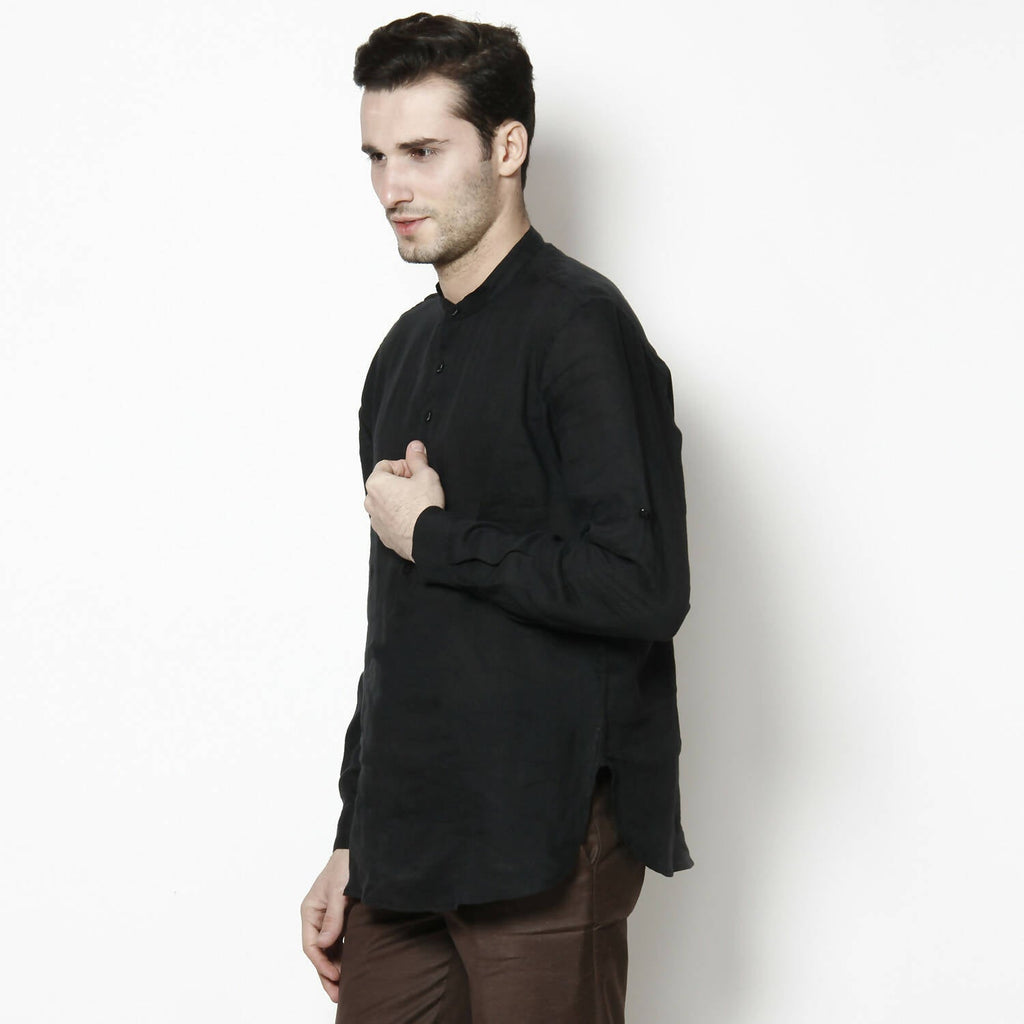 Even Apparels Black Linen Linen Men's Kurta With Band Collar | Grocsy