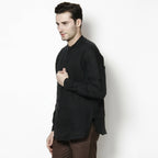 Even Apparels Black Linen Linen Men's Kurta With Band Collar | Grocsy