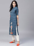 Yufta Women Navy Blue & Off-White Printed Straight Kurta | Grocsy