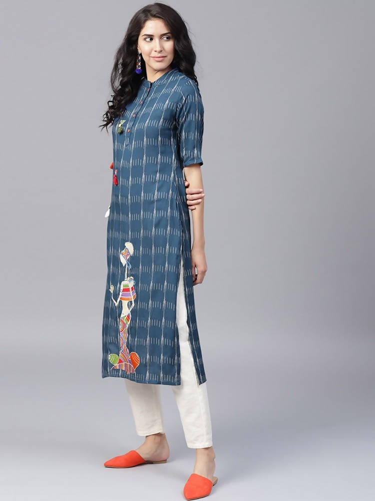 Yufta Women Navy Blue & Off-White Printed Straight Kurta | Grocsy
