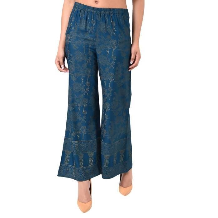 Aniyah Rayon Block Print Flared Palazzo Blue Color (AN-168K) | Grocsy