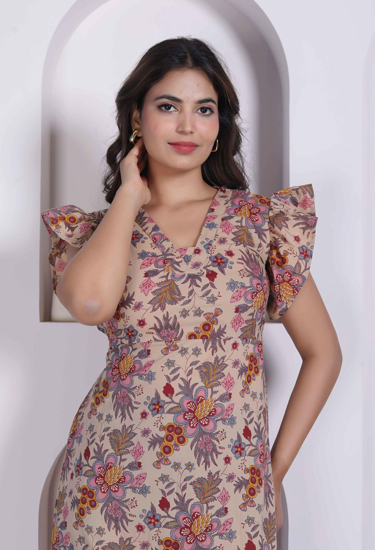 Miravan Women Empire Waist Beige Mini Length Dress | Grocsy