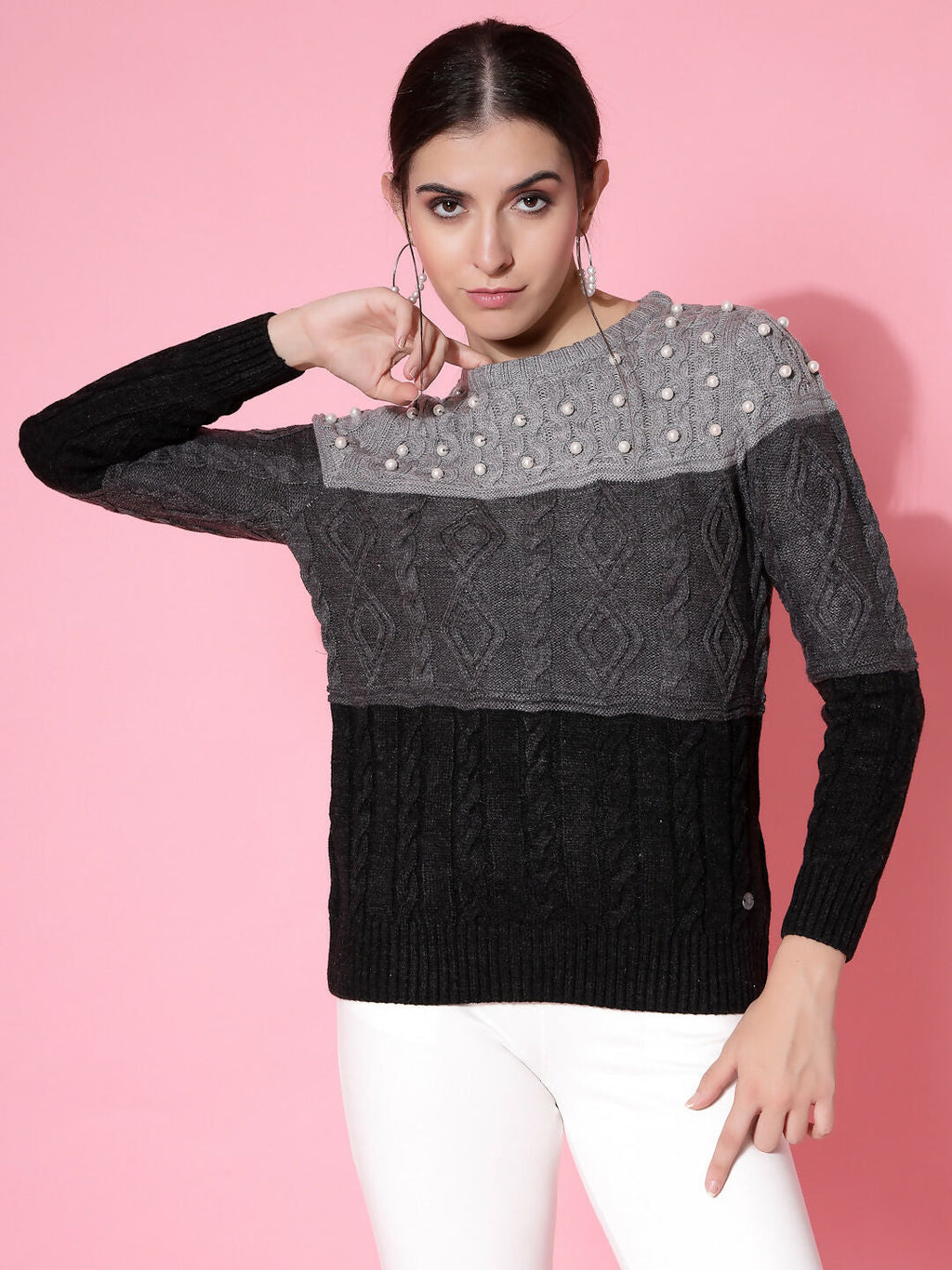 Women Color Block Winter Charcoal Acrylic Sweater - Wool Trees | Grocsy