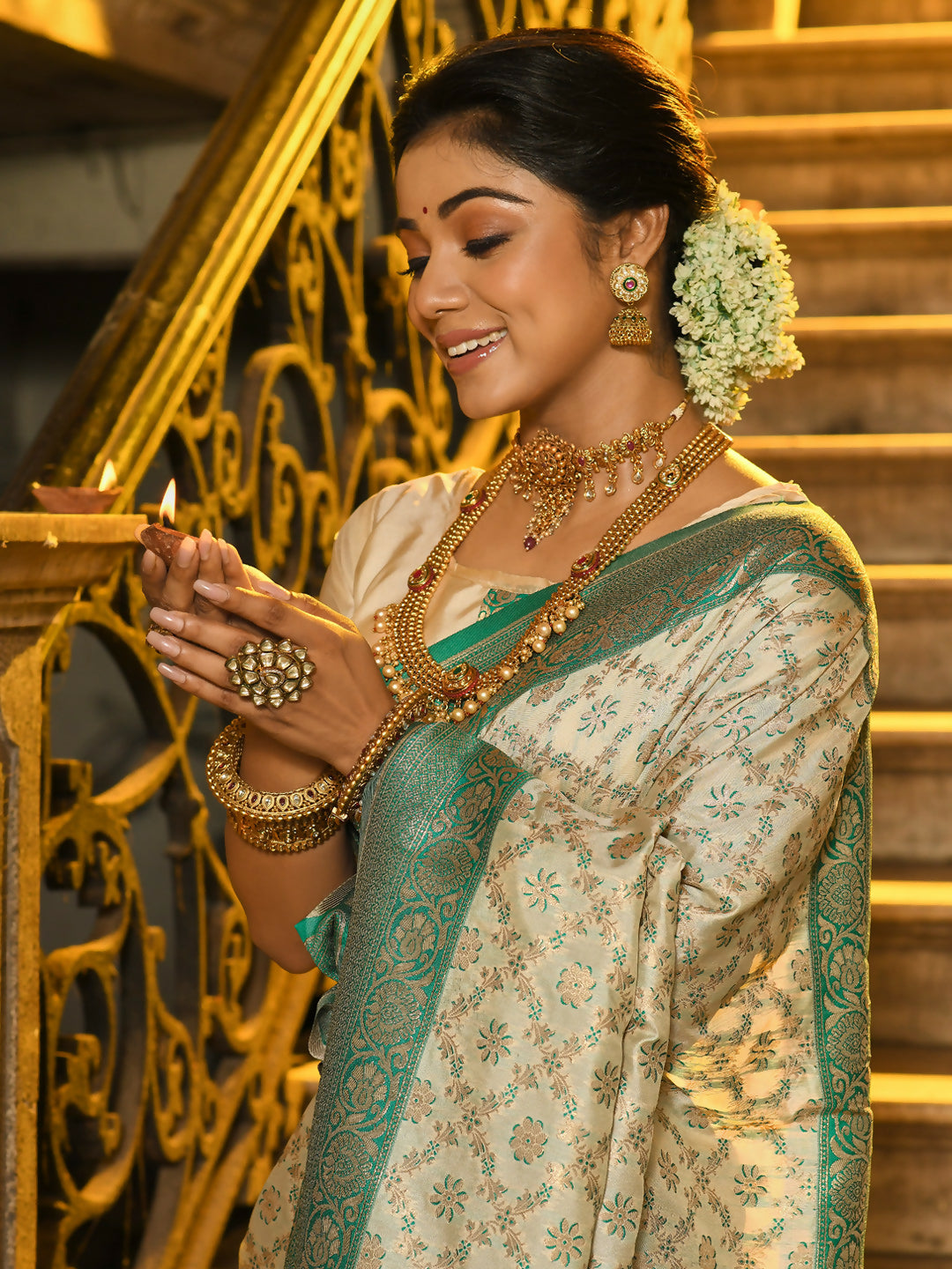 Shree Shyam Fashion Rajvastra Sea Green Banarasi Silk Saree | Grocsy