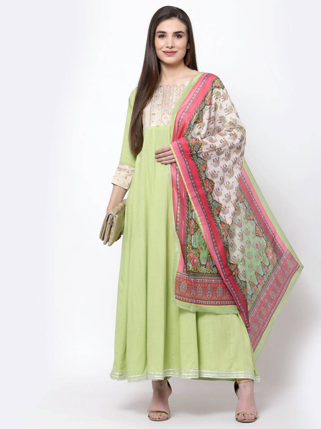 Myshka Women's Green Rayon Printed 3/4 Sleeve Round Neck Casual Anarkali Dupatta Set | Grocsy