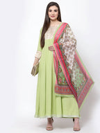 Myshka Women's Green Rayon Printed 3/4 Sleeve Round Neck Casual Anarkali Dupatta Set | Grocsy