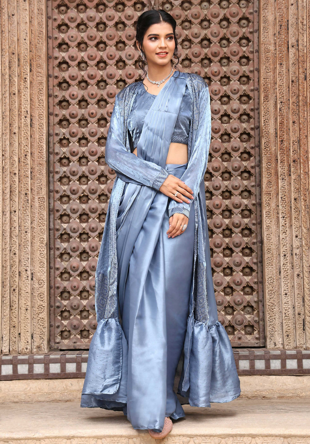 Sky Blue Tom Silk Plain Ready To Wear Saree With Stitched Blouse - Satiksha | Grocsy