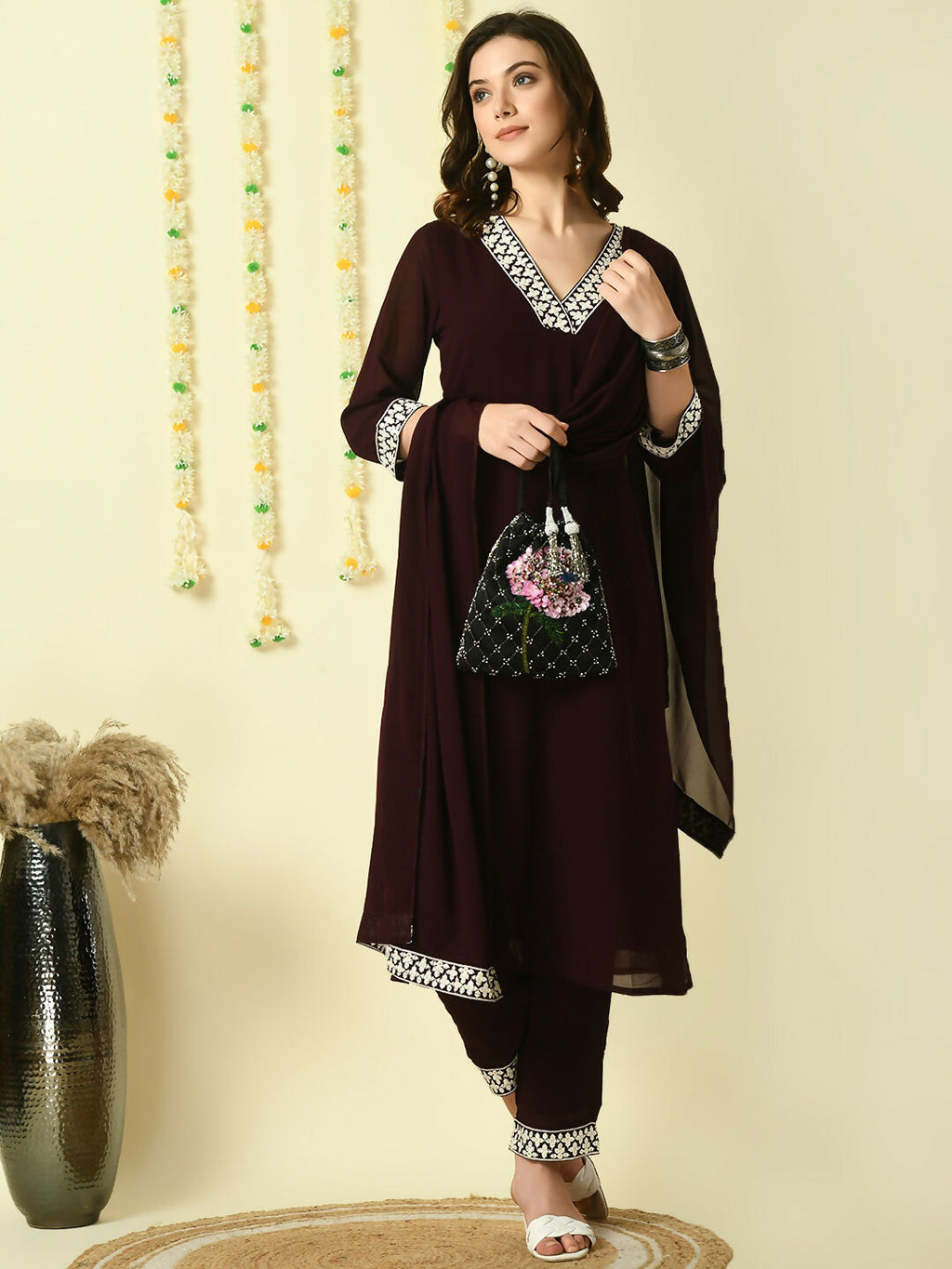 Myshka Women's Coffee Brown Georgette Kurta & Trousers With Dupatta Party Sets | Grocsy