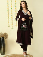 Myshka Women's Coffee Brown Georgette Kurta & Trousers With Dupatta Party Sets | Grocsy