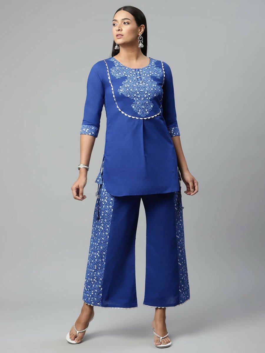 Ahalyaa Womens Royal Blue Pure Cotton Printed Tunic Palazzo Set | Grocsy