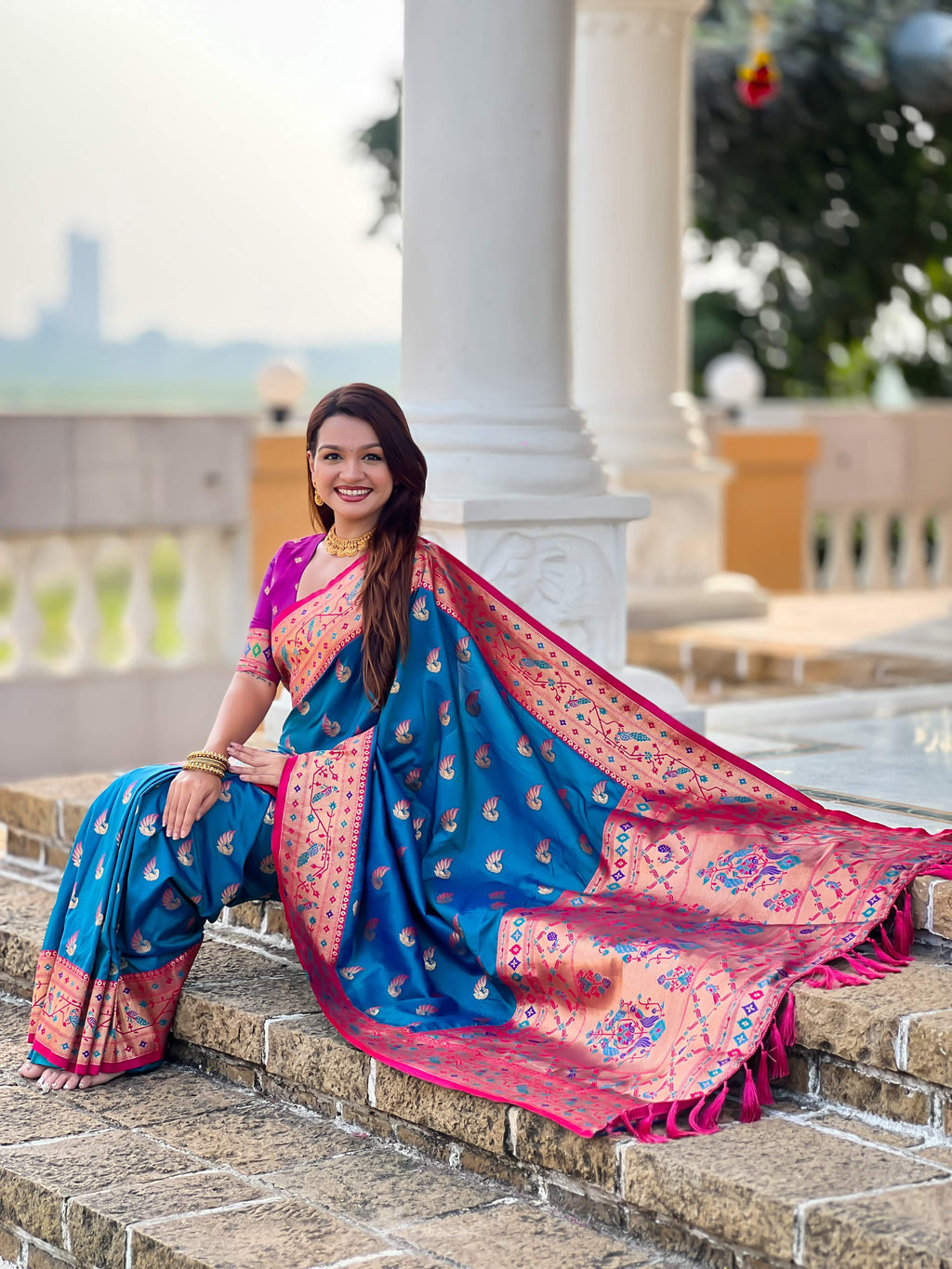 Mameraa Sarees Teal Blue Faux Banarasi Silk Saree With Paithani Rich Weaved Pallu And Blouse-Teal | Grocsy