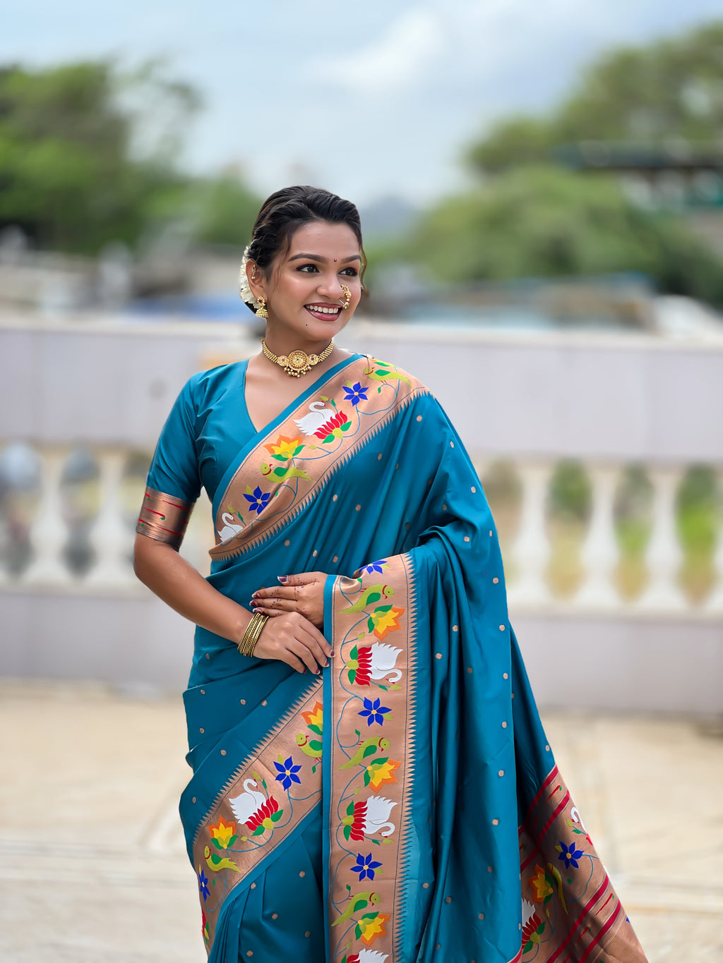 Mameraa Sarees Sky Faux Banarasi Silk Saree With Paithani Rich Weaved Pallu And Blouse-Sky_Blue | Grocsy