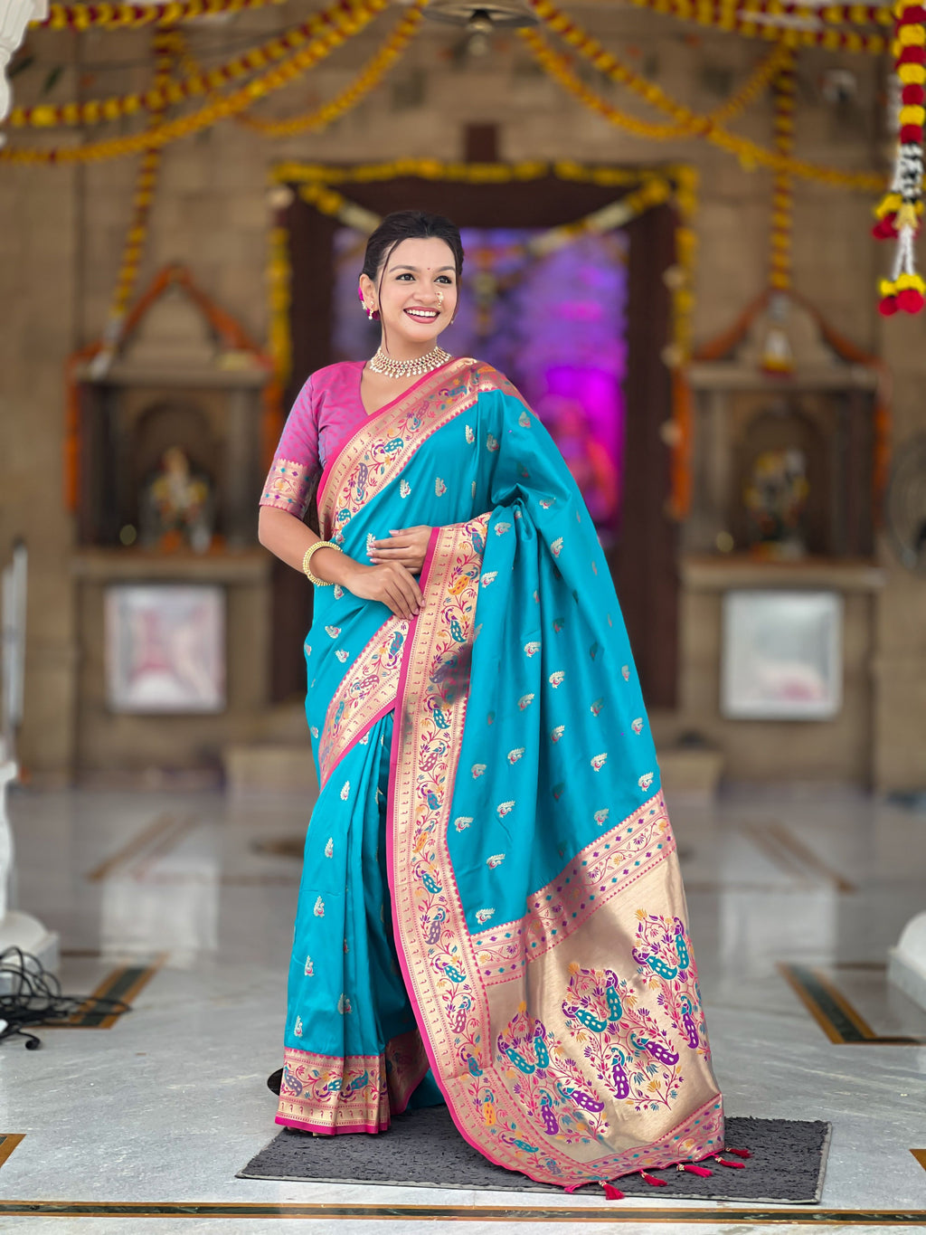 Mameraa Sarees Sky Blue Faux Banarasi Silk Saree With Paithani Rich Weaved Pallu And Blouse-Sky_Blue | Grocsy