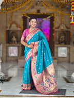 Mameraa Sarees Sky Blue Faux Banarasi Silk Saree With Paithani Rich Weaved Pallu And Blouse-Sky_Blue | Grocsy