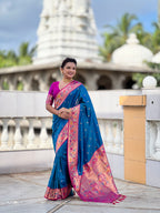Mameraa Sarees Teal Blue Faux Banarasi Silk Saree With Paithani Rich Weaved Pallu And Blouse-Teal | Grocsy