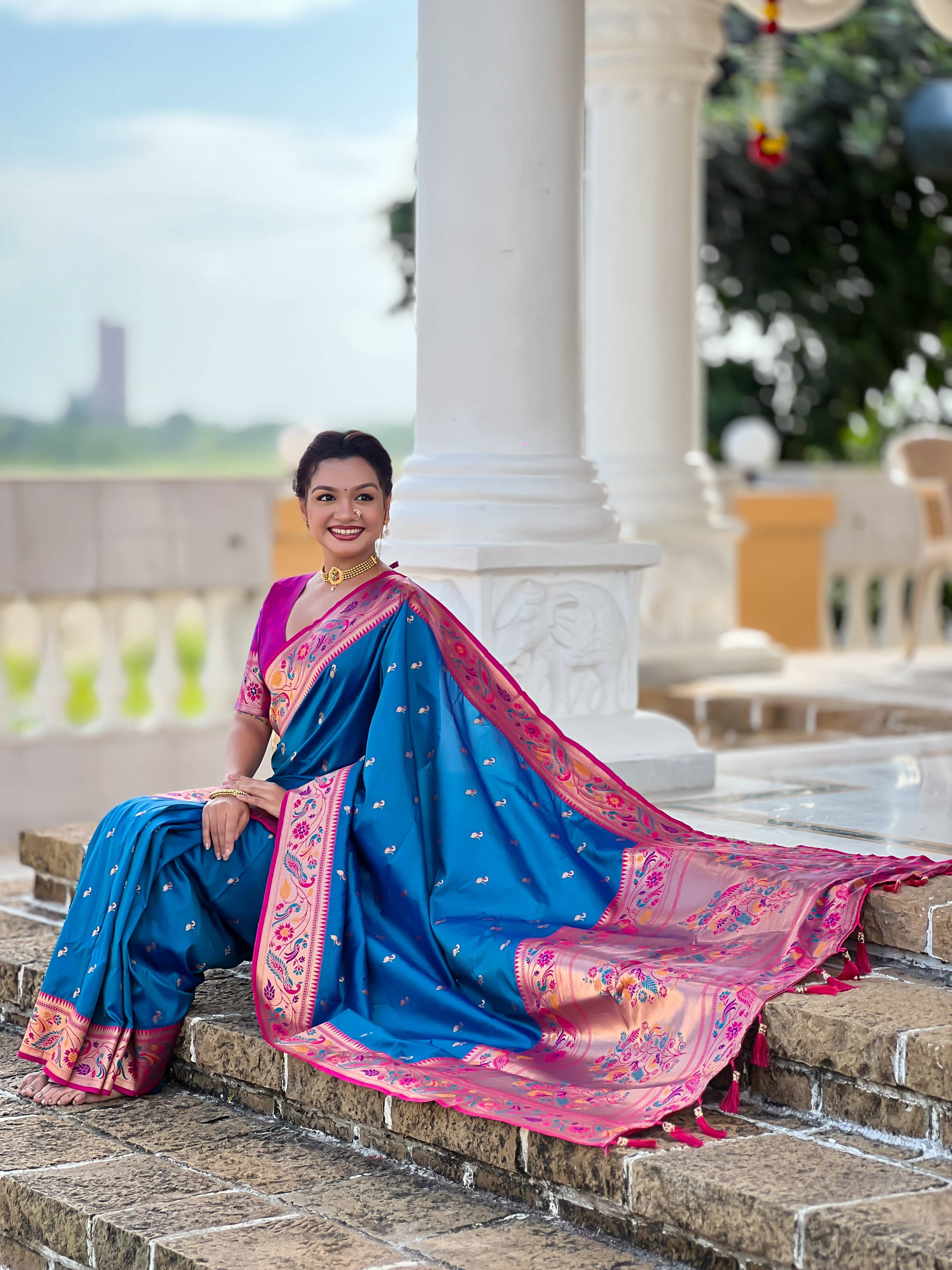 Mameraa Sarees Teal Blue Faux Banarasi Silk Saree With Paithani Rich Weaved Pallu And Blouse-Teal | Grocsy