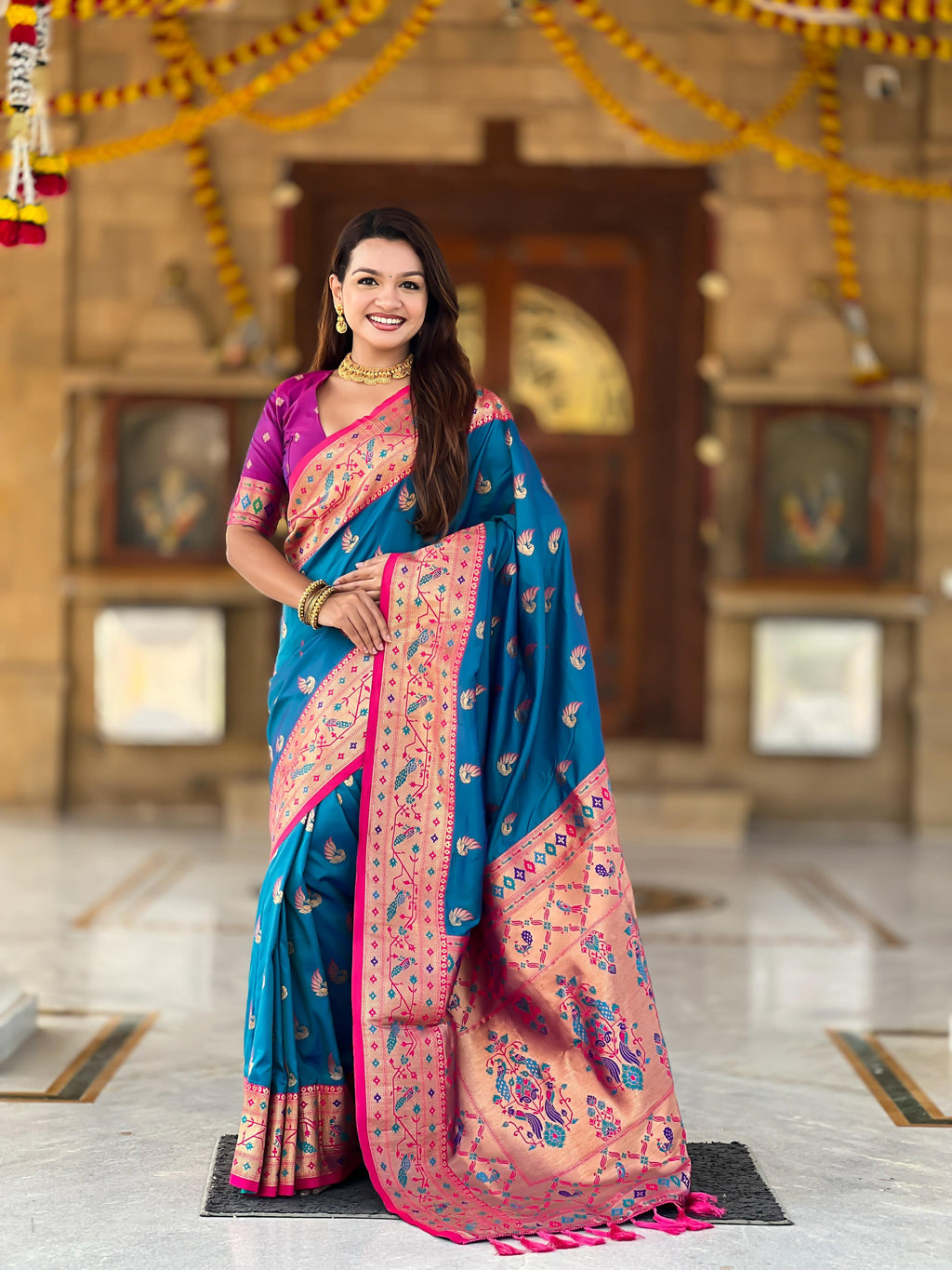 Mameraa Sarees Teal Blue Faux Banarasi Silk Saree With Paithani Rich Weaved Pallu And Blouse-Teal | Grocsy