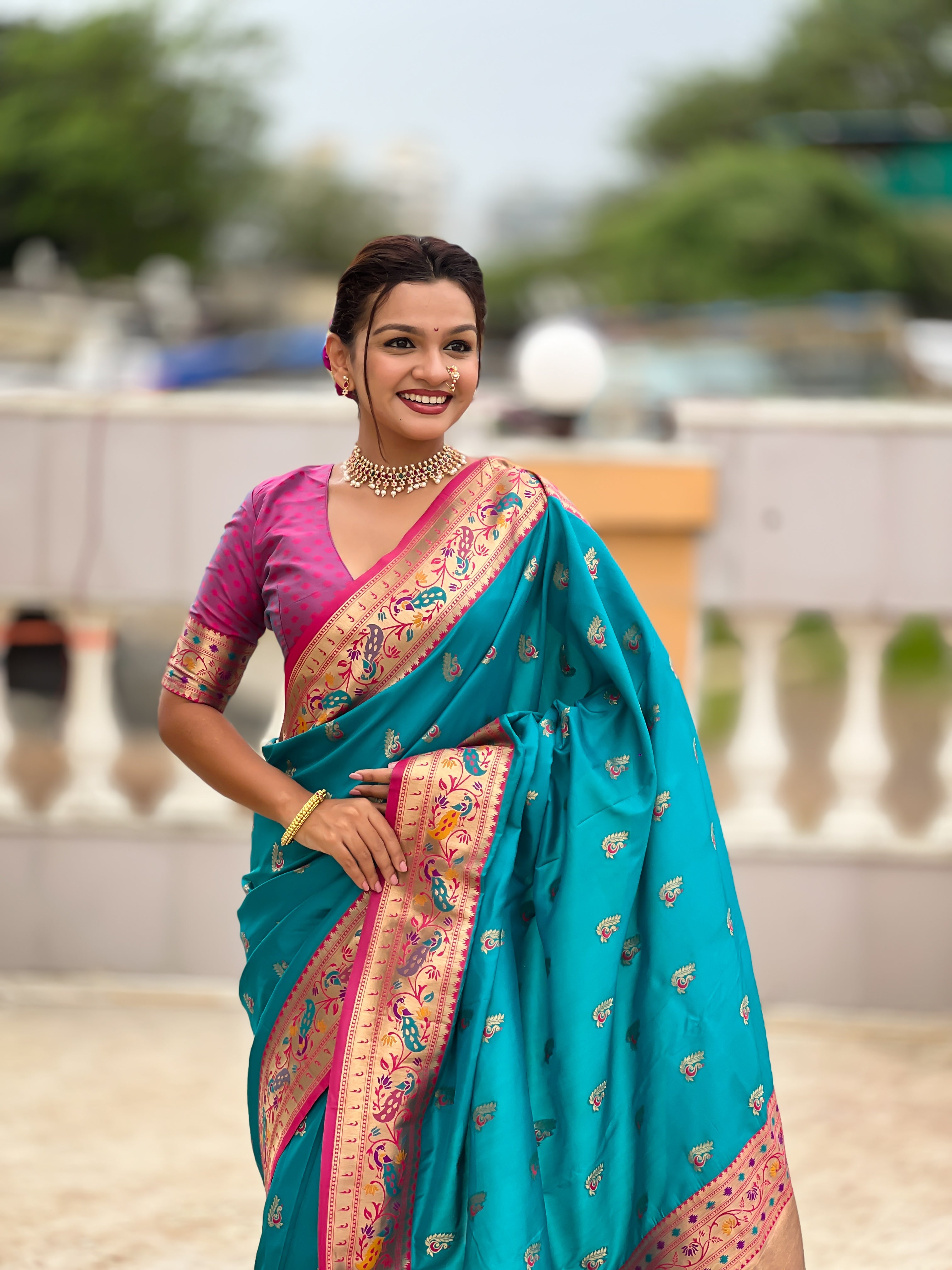 Mameraa Sarees Sky Blue Faux Banarasi Silk Saree With Paithani Rich Weaved Pallu And Blouse-Sky_Blue | Grocsy