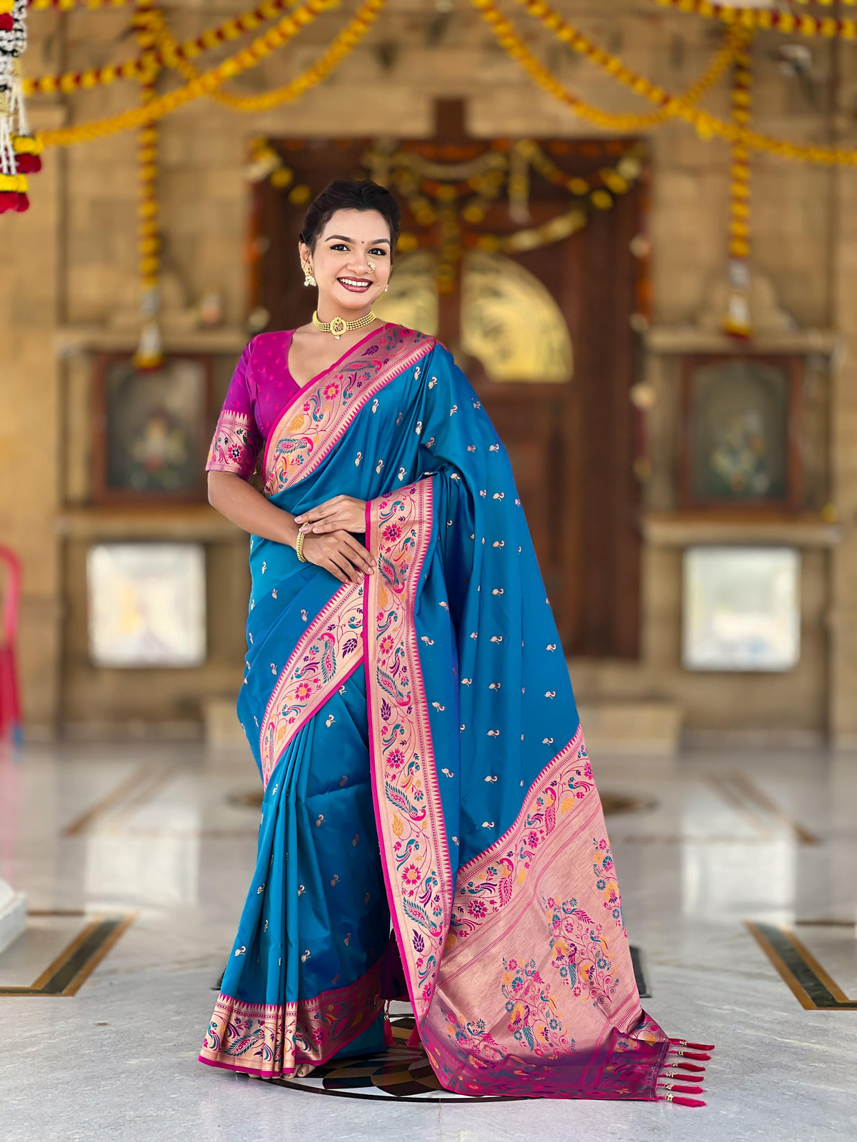 Mameraa Sarees Teal Blue Faux Banarasi Silk Saree With Paithani Rich Weaved Pallu And Blouse-Teal | Grocsy