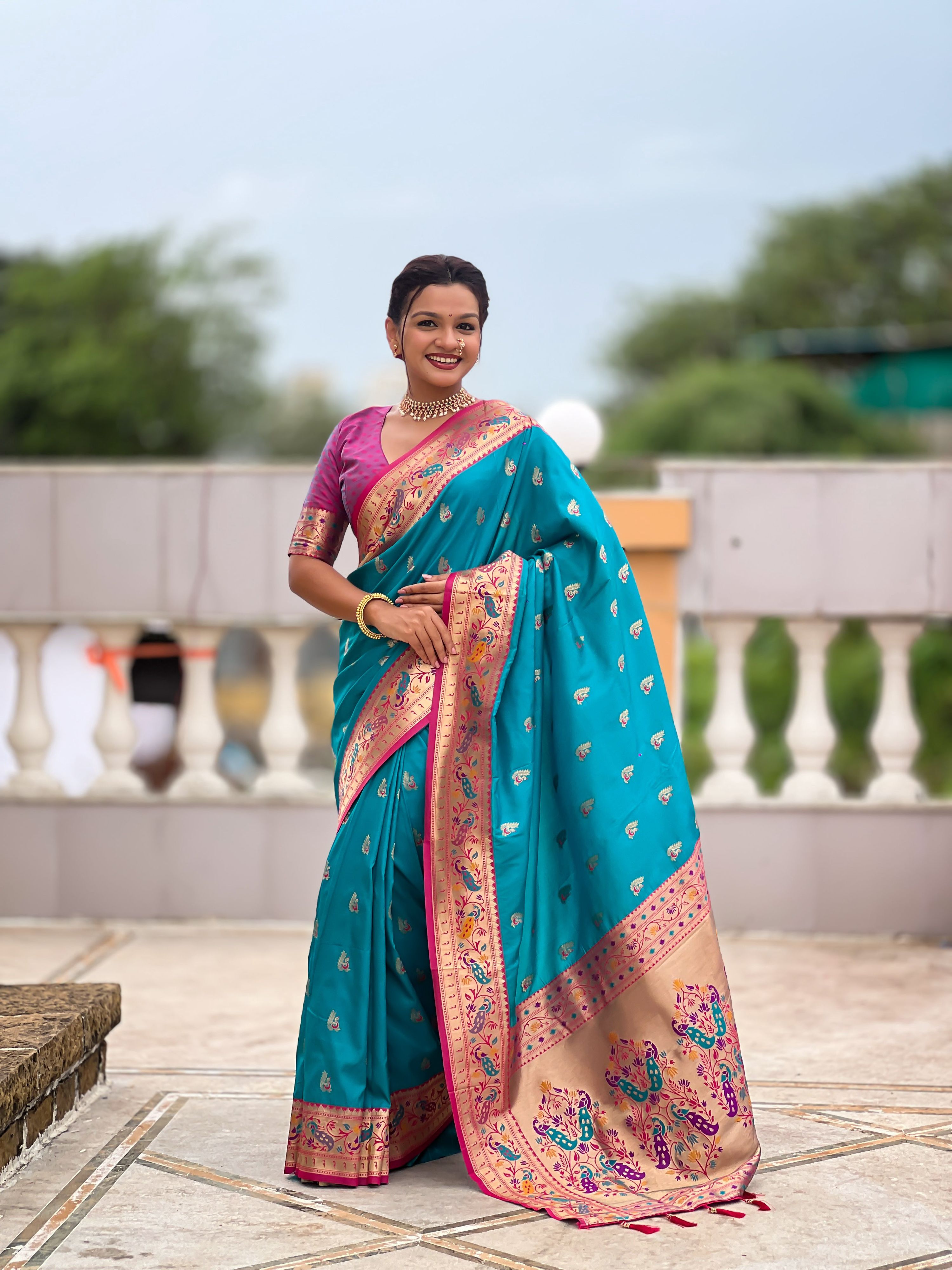 Mameraa Sarees Sky Blue Faux Banarasi Silk Saree With Paithani Rich Weaved Pallu And Blouse-Sky_Blue | Grocsy