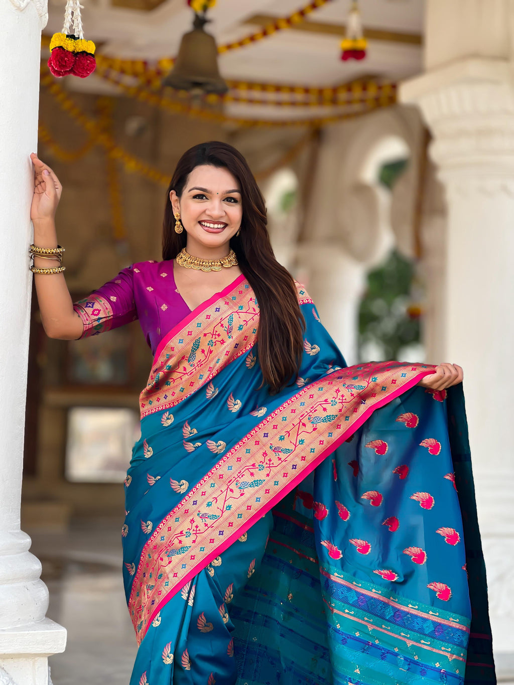 Mameraa Sarees Teal Blue Faux Banarasi Silk Saree With Paithani Rich Weaved Pallu And Blouse-Teal | Grocsy