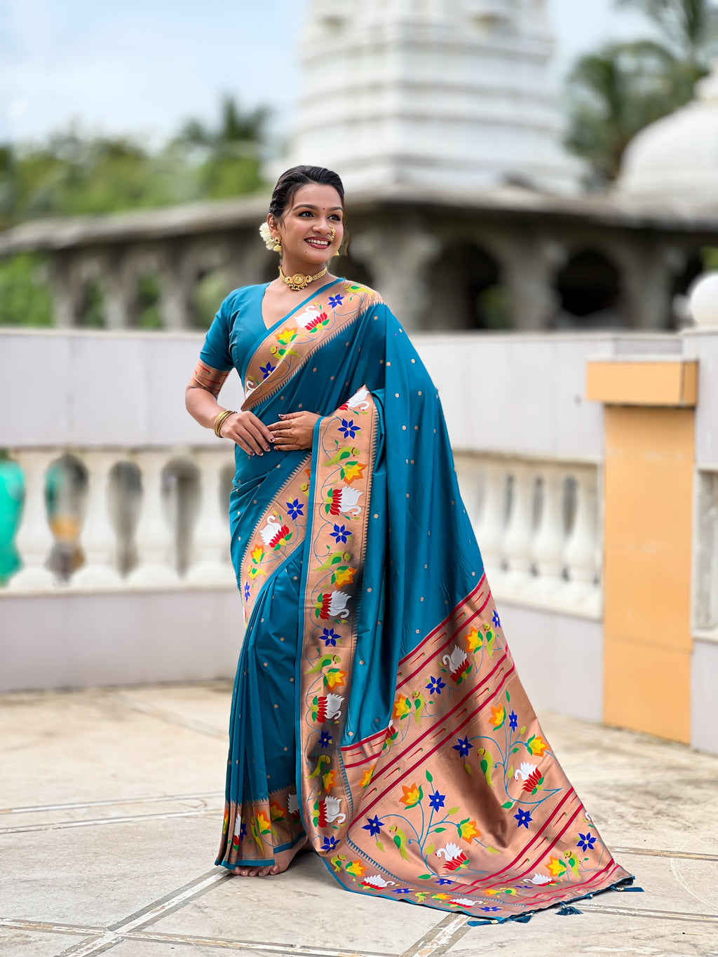 Mameraa Sarees Sky Faux Banarasi Silk Saree With Paithani Rich Weaved Pallu And Blouse-Sky_Blue | Grocsy