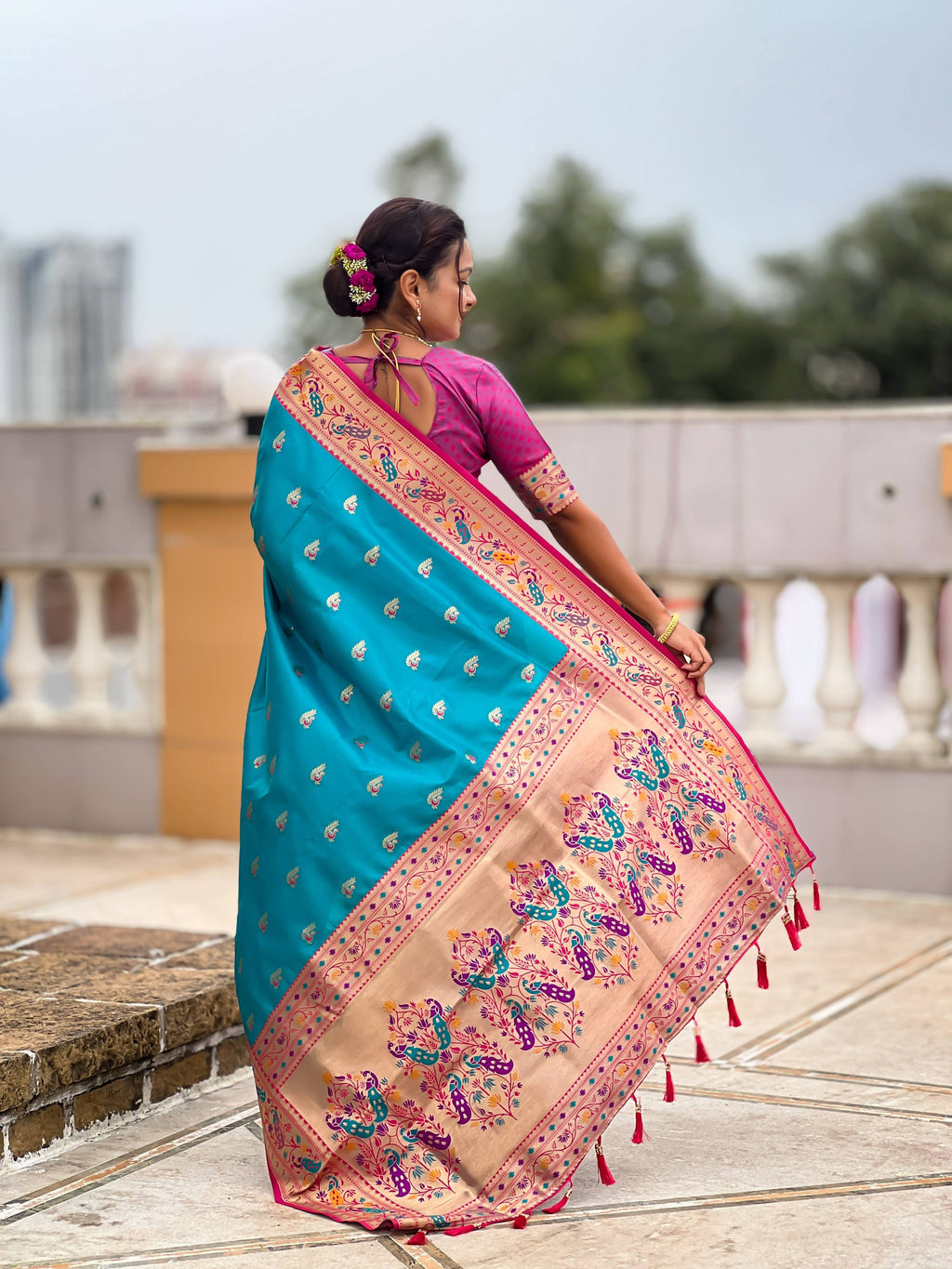 Mameraa Sarees Sky Blue Faux Banarasi Silk Saree With Paithani Rich Weaved Pallu And Blouse-Sky_Blue | Grocsy