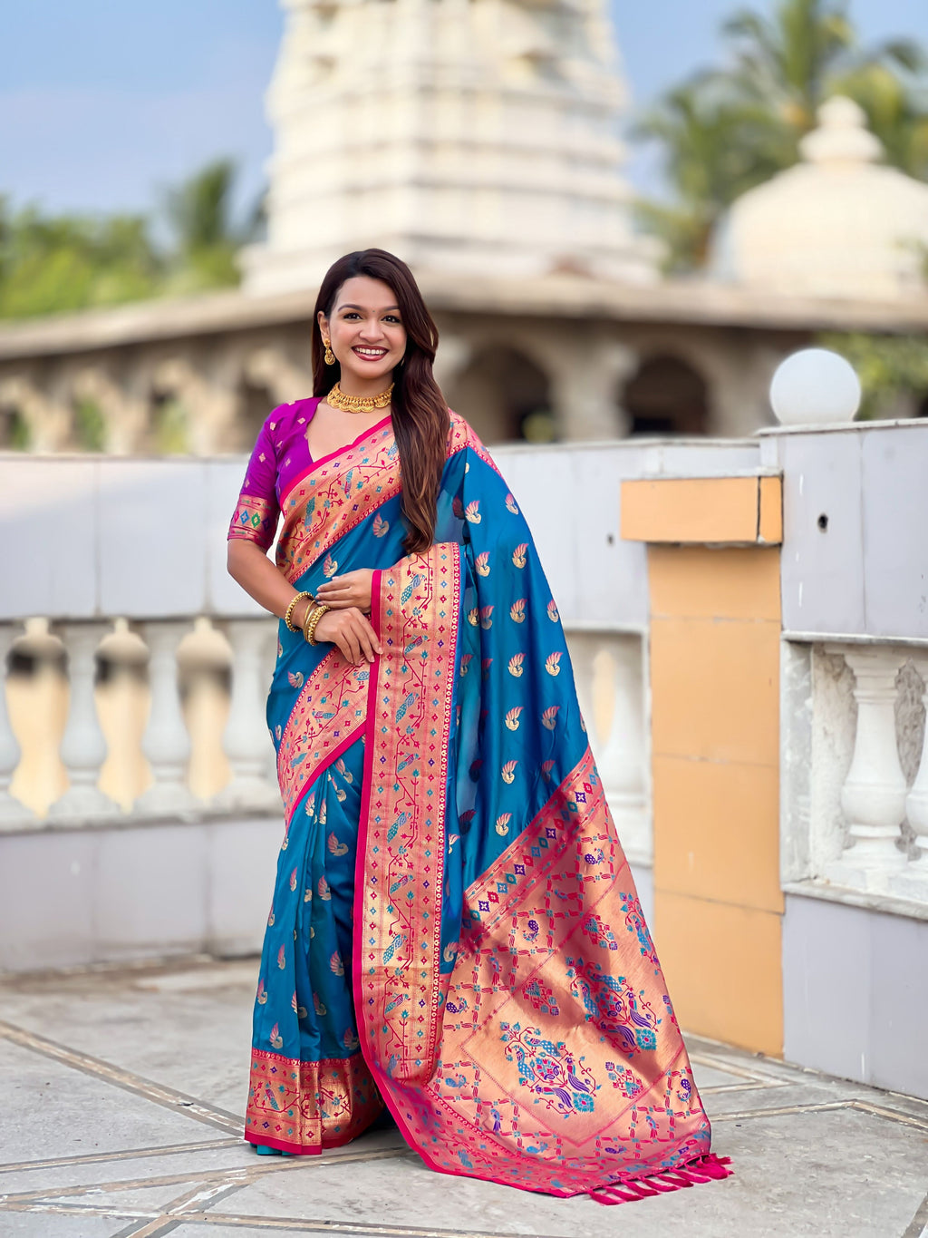 Mameraa Sarees Teal Blue Faux Banarasi Silk Saree With Paithani Rich Weaved Pallu And Blouse-Teal | Grocsy