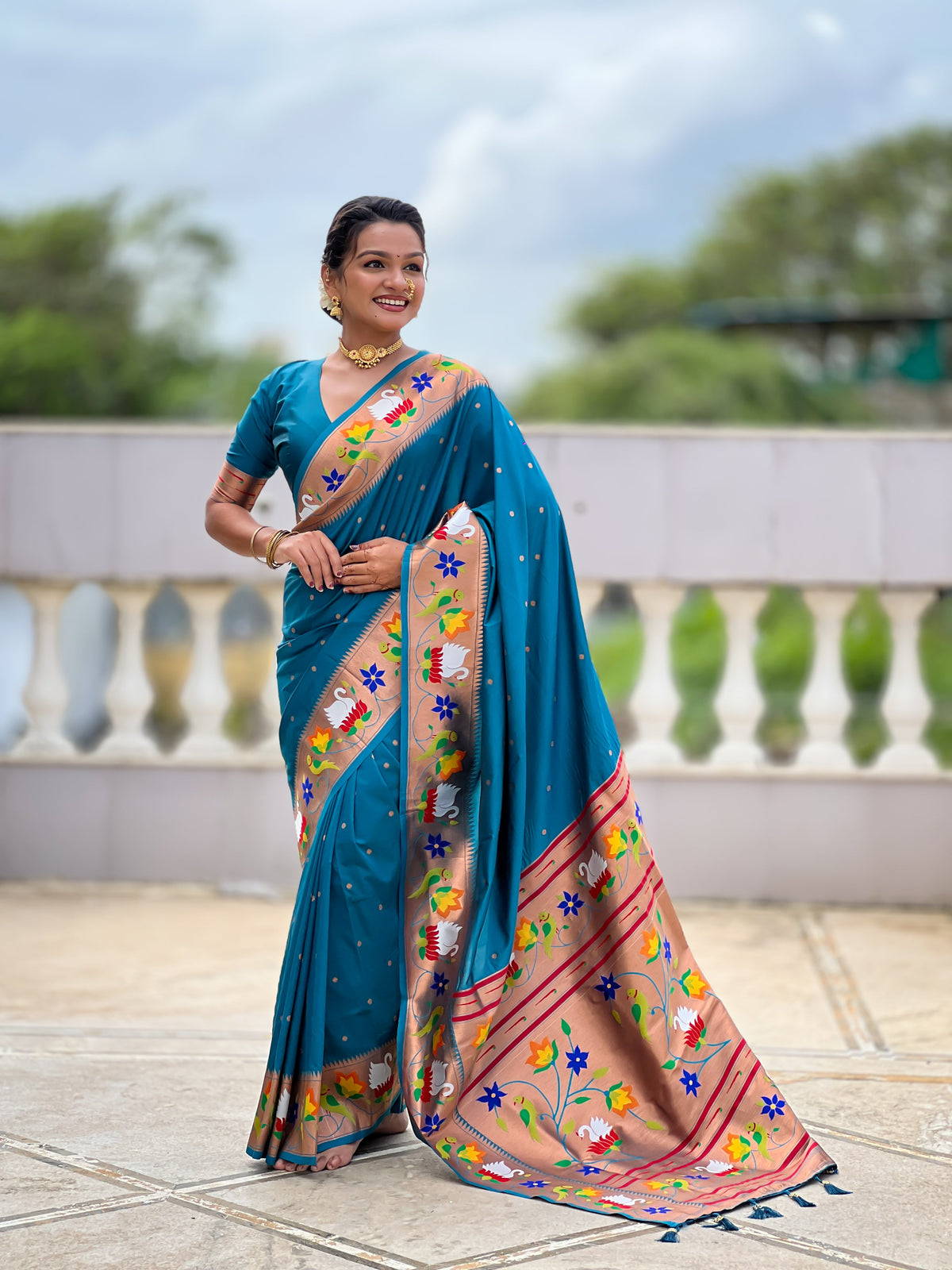 Mameraa Sarees Sky Faux Banarasi Silk Saree With Paithani Rich Weaved Pallu And Blouse-Sky_Blue | Grocsy