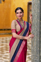 PR Fashion Pink Poly Cotton Printed With Zari Weaving Work Saree | Grocsy
