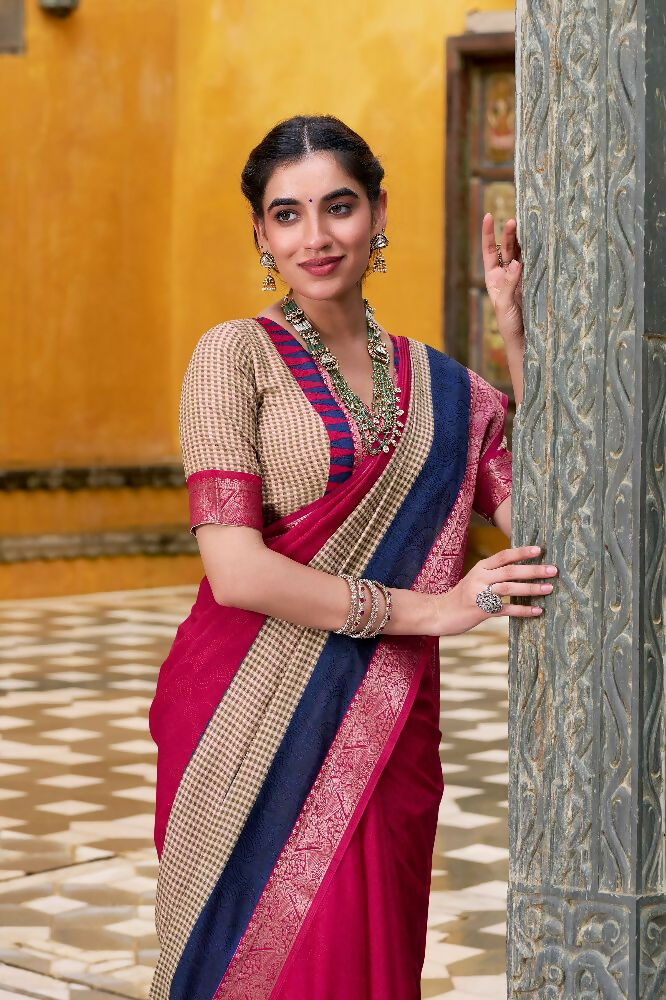 PR Fashion Pink Poly Cotton Printed With Zari Weaving Work Saree | Grocsy