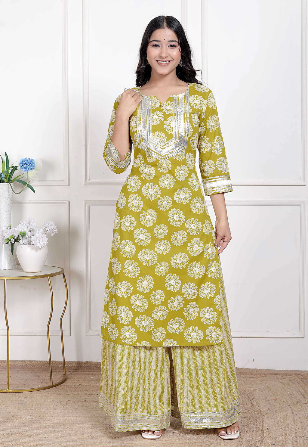 Miravan Women's Lime Yellow Block Printed Kurta with Palazzo | Grocsy