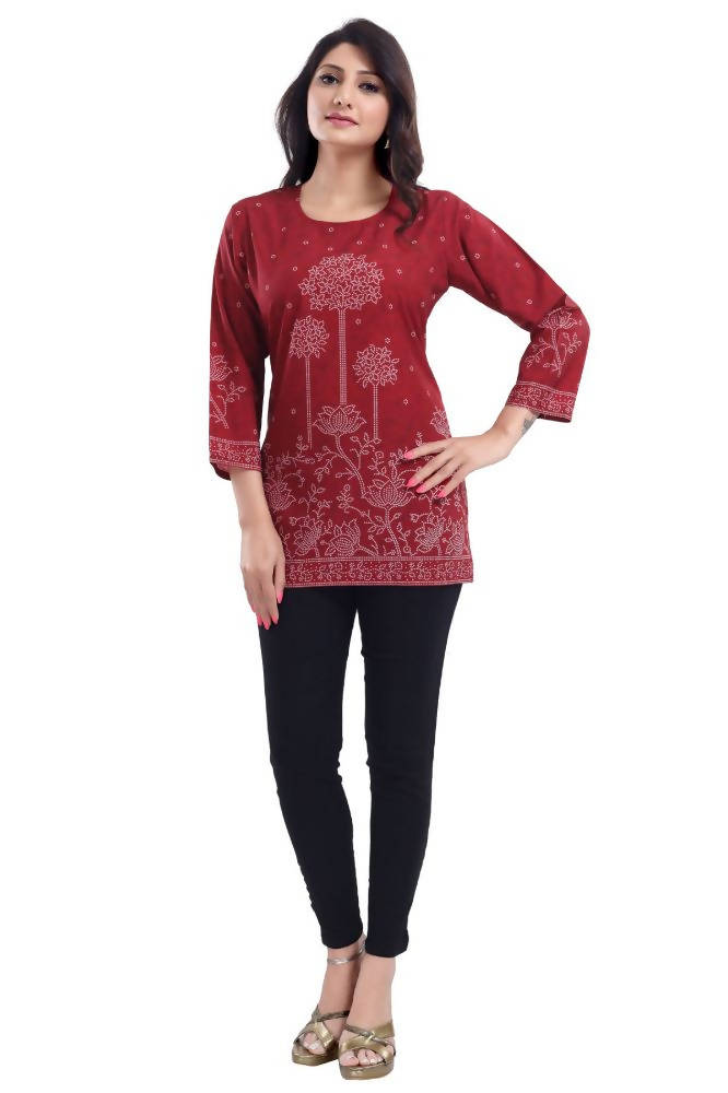 Snehal Creations Maroon Faux Crepe Printed Short Kurti Tunic Top | Grocsy