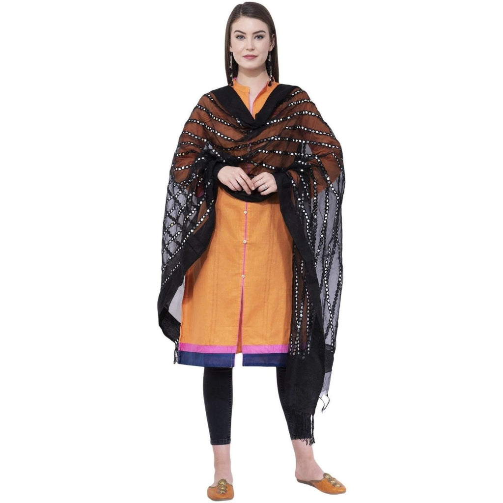 A R Silk Women's Mirror Work Orgenza Cotton Black Dupattas and Chunnis | Grocsy