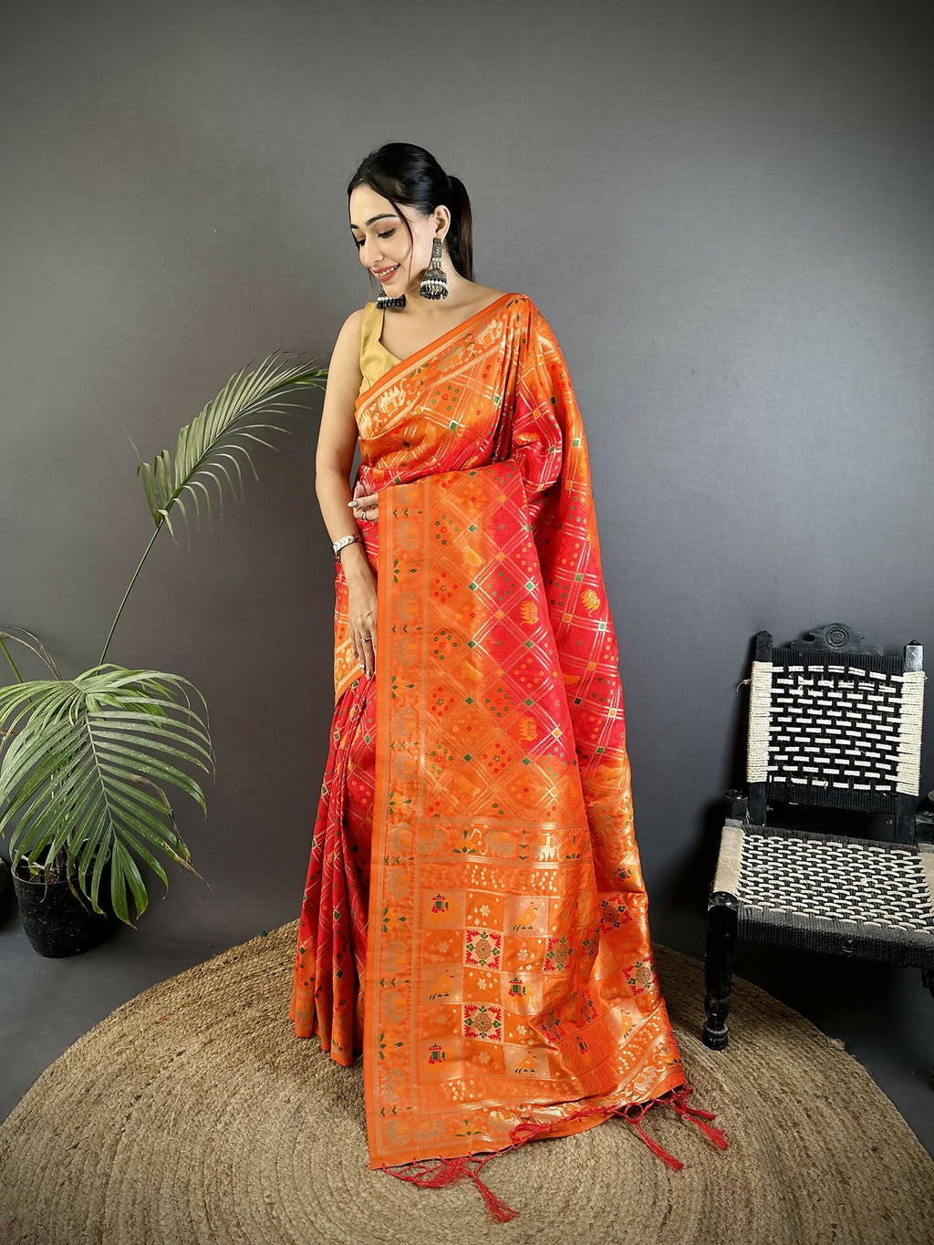 Joban Fashion Orange Geometric Pattern Soft Silk Patola Saree | Grocsy