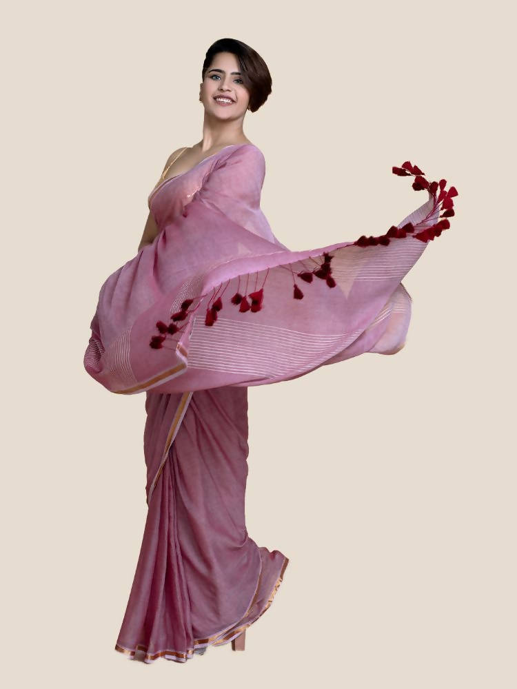 Suta Women Maroon Mul Cotton Saree With Zari Border And Ghicha Pallu | Grocsy