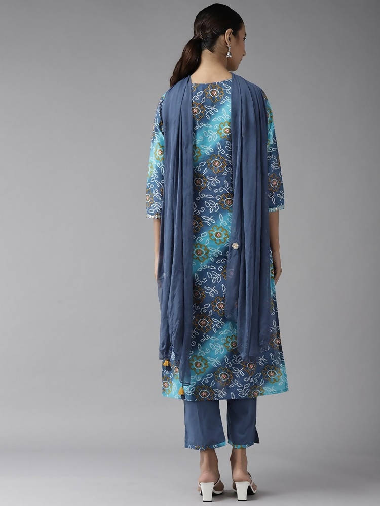 Yufta Women Blue Bandhani Printed Embroidered Detail Cotton Kurta with Trouser & Dupatta | Grocsy