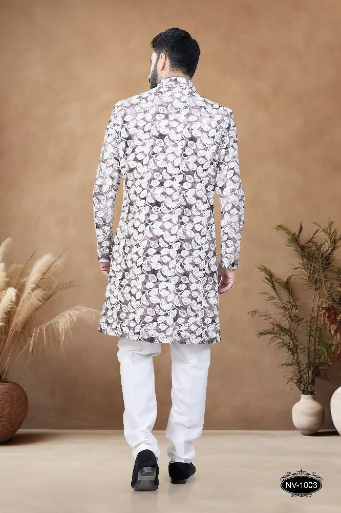 Joban Fashion Men's Brown Straight Swed Velvet Thread & Sequence Embroidery All Over Indo-Western Kurta Set | Grocsy
