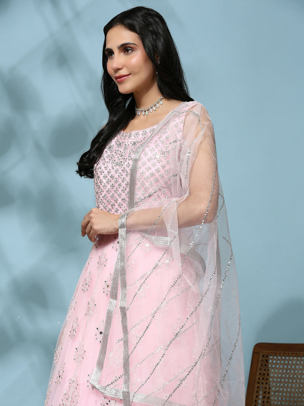 Pink Net Hand Embroidered Gown - Rudrani | Grocsy