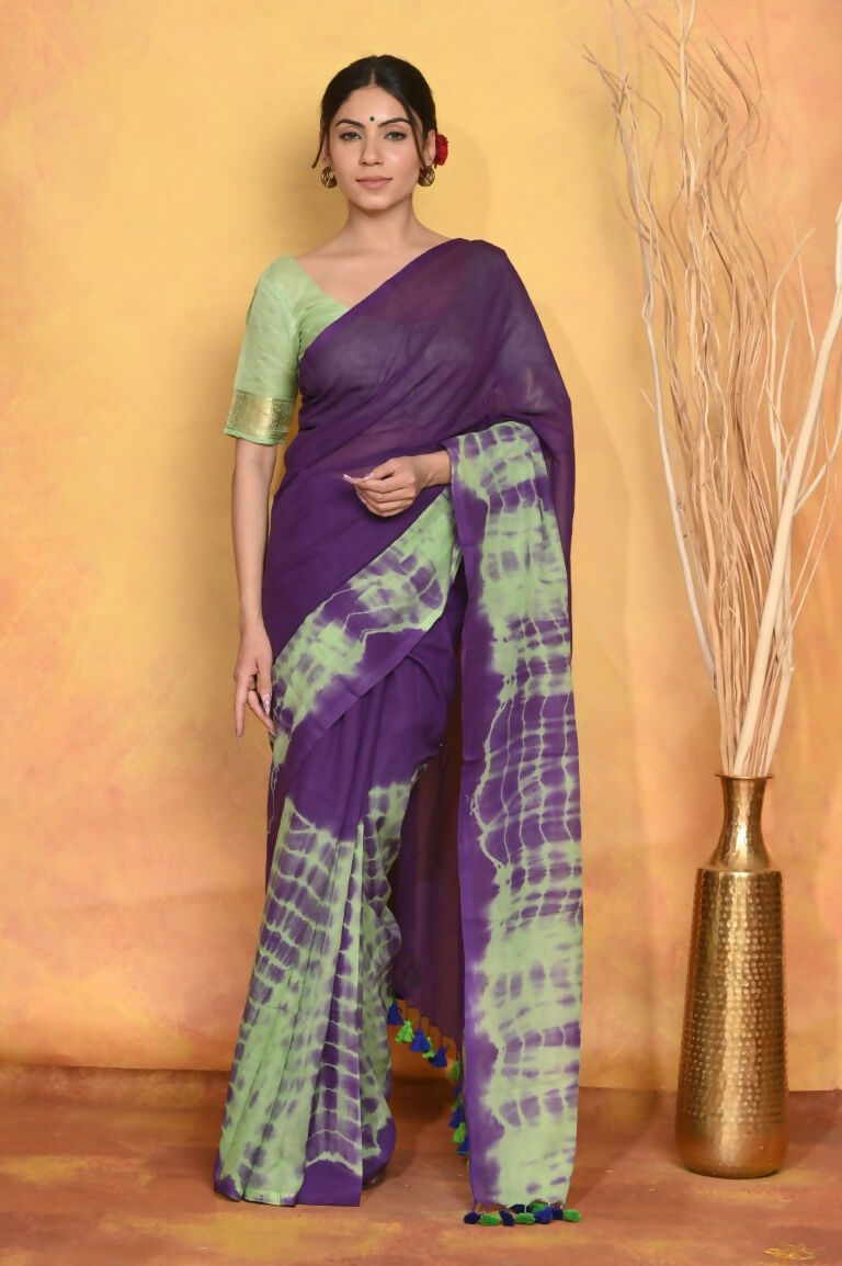 Very Much Indian Tie & Dye Handloom Mul Cotton Saree - Blue Green | Grocsy