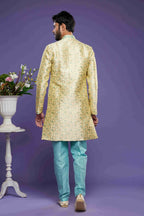 Raivat Ethnic Banarasi Jacquard Embroidery Semi Indo Western Sherwani In Gold Colour | Grocsy
