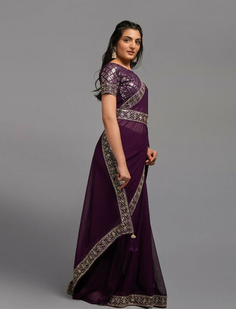 PR Fashion Wine Zometo Embroidery Lace Saree | Grocsy