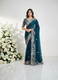 Teeya Creation Womens New Fancy Embroidery Work Saree-Teal | Grocsy
