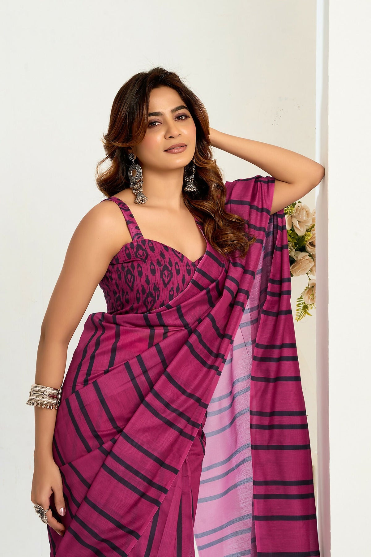 Vastranavya Magenta Digital Printed Linen Ready To Wear Designer Saree with Unstitched Blouse | Grocsy