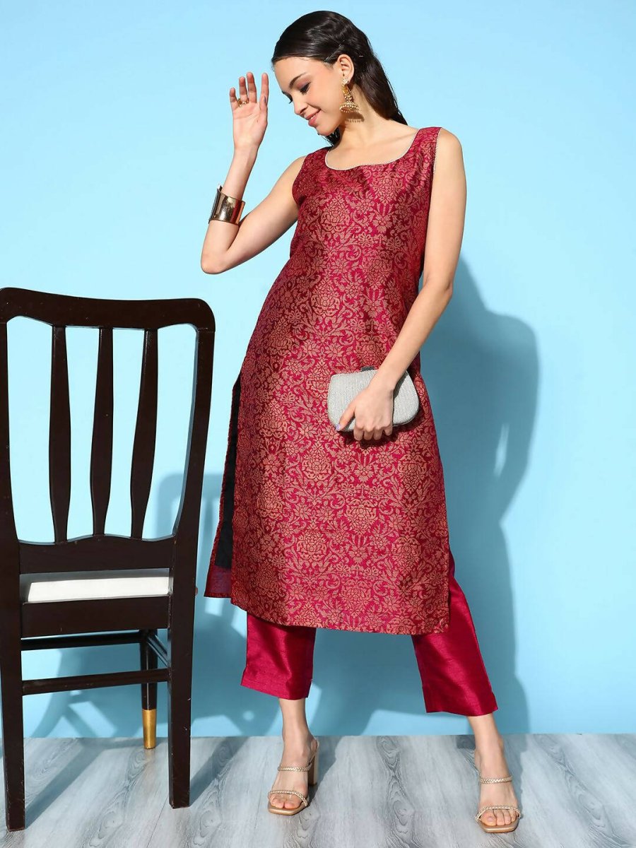 Ahalyaa Women's Wine Poly Silk Gold Paste Printed Kurta Pant Set | Grocsy