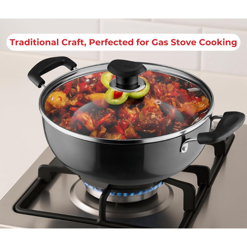 Vinod Black Pearl Hard Anodised Deep Kadai with Glass Lid | Grocsy