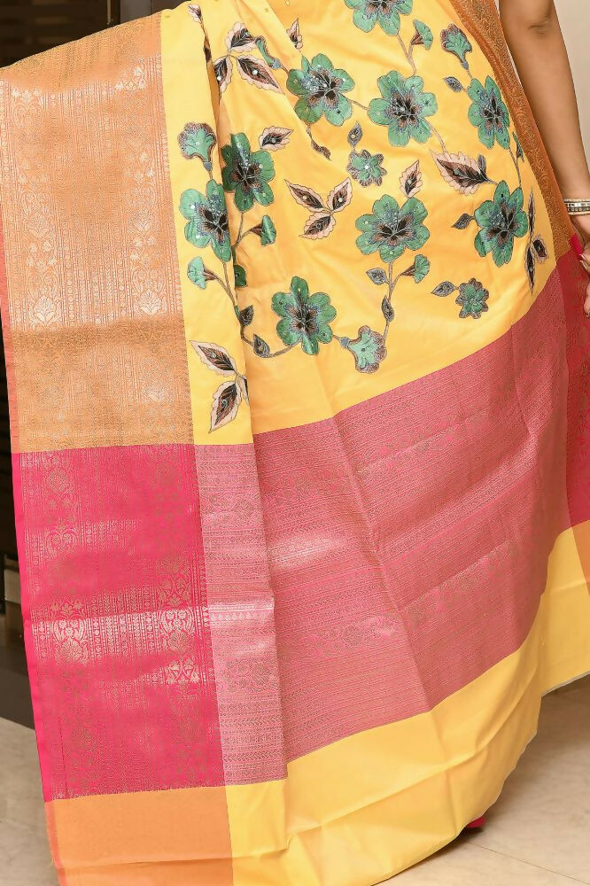 Joban Fashion Yellow Pink Saree Kataan Applick Witch Mirror | Grocsy