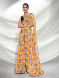 Yellow Georgette Animal Printed Saree With Unstitched Blouse Piece - Rajal | Grocsy
