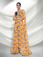 Yellow Georgette Animal Printed Saree With Unstitched Blouse Piece - Rajal | Grocsy