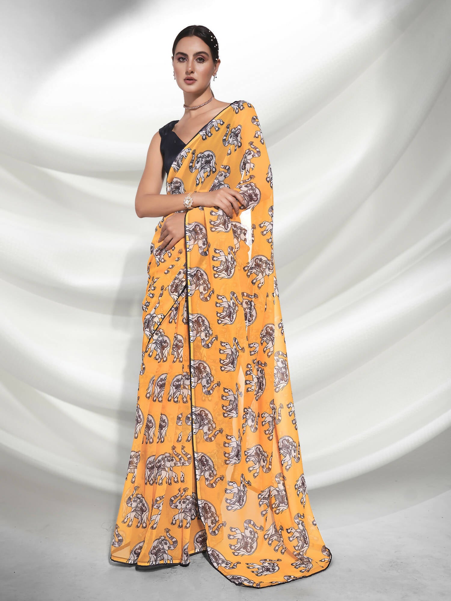 Yellow Georgette Animal Printed Saree With Unstitched Blouse Piece - Rajal | Grocsy